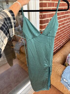 Dark Teal Green Spaghetti-Strap V-Neck Midi Dress
